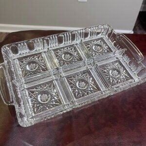 Vintage Czech Bohemian Hand Cut Crystal Antique Rectangular Tray 6 sections